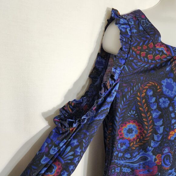 Ann Taylor Loft Womens Top Small Cold Shoulder Floral Print Long Sleeve Ruffles - Picture 6 of 13
